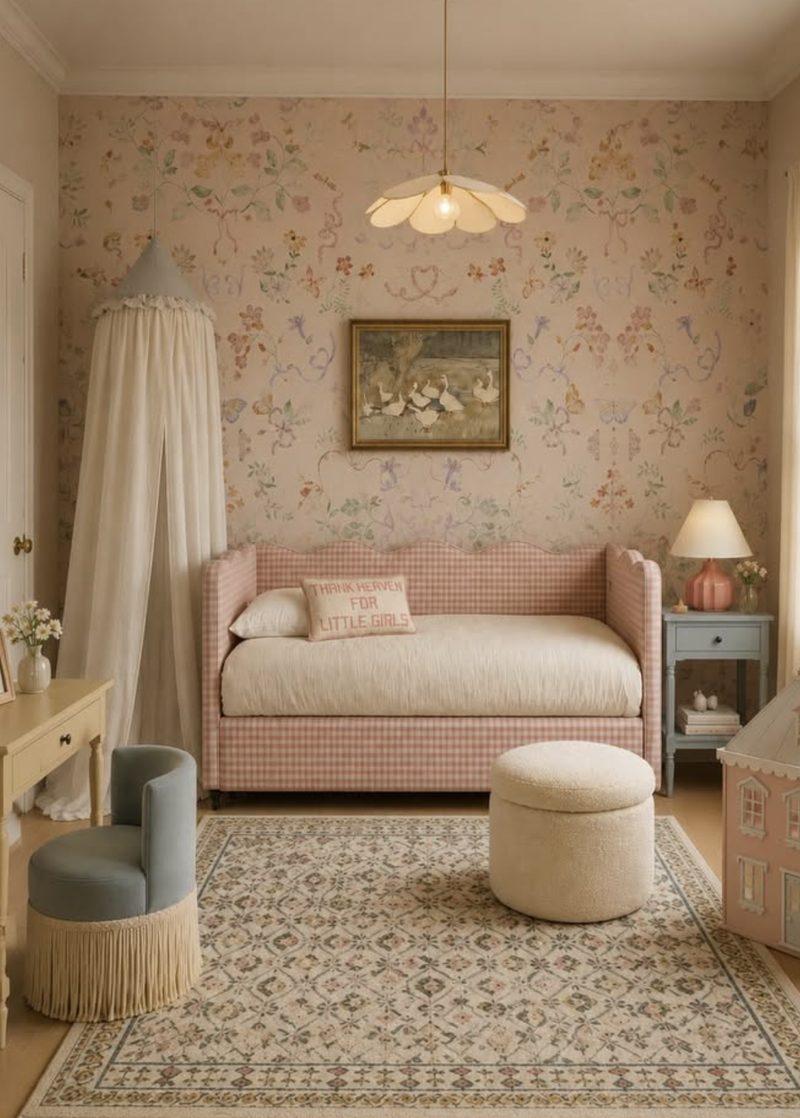 Girl's bedroom with blush floral wallpaper, a pink gingham daybed, a canopy and a soft blue chair