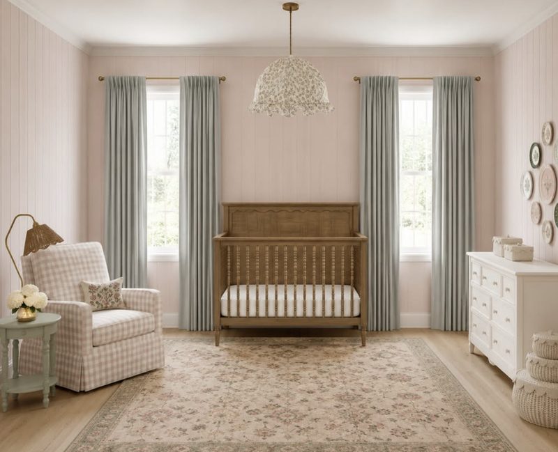 Blush panelled nursery with sage-green curtains, a wooden spindle crib, a pink gingham armchair and a floral rug